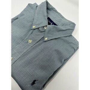 Ralph Lauren Dress Shirt Mens 16.5 Gingham Plaid Custom Fit Cotton Button Blu